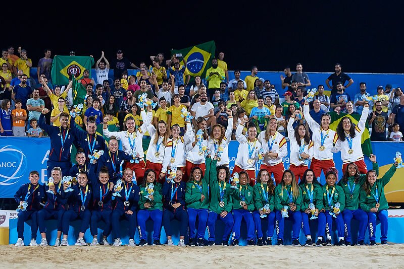 Beach Soccer: Katara Beach DOHA, QATAR - OCTOBER 16: Medals award ceremony for the Women's Beach Soccer of the 1st ANOC World Beach Games Qatar 2019. 1st: ESP - 2nd: GBR - 3rd: BRA (Photo David Aliaga / Laurel Photo Services)